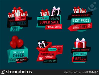 Super sale, best price on exclusive products, one week set vector. Special proposition, stores promotions and deals to customers. Trading business. Super Sale, Best Price on Exclusive Products Set