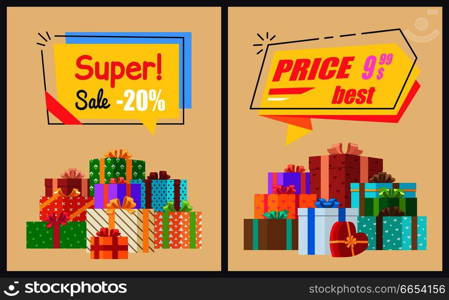 Super sale best price posters with price clearance and decorative gift boxes in colorful paper. Vector illustration with exclusive proposition. Super Sale Best Price Vector Illustration