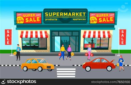 Super sale in supermarket, discounts on products and appliances. Grocery store and technical shop with TV set and fridge. People and cars on city street. Vector illustration shopping center building. Sale in Market, People Buy Products and Appliances