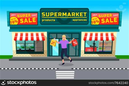 Super sale in supermarket on appliances and products. Discounts in grocery and technical store. Happy woman with shopping bags. Building facade on city street. Vector illustration in flat style. Sale in Supermarket, Woman with Shopping Bags