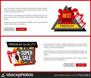 Super sale landing pages with push buttons read more and buy now. Abstract shopping tags with info about discounts, best offer on saleout vector sites. Super Sale Landing Pages, Push Buttons Read More