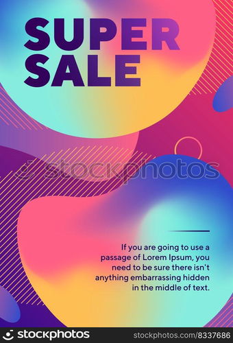 Super sale lettering with abstract neon shapes. Organic forms, flowing liquid, gradient colored background. Trendy design for posters, flyers, advertising design