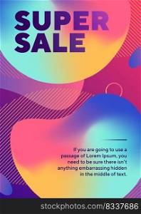 Super sale lettering with abstract neon shapes. Organic forms, flowing liquid, gradient colored background. Trendy design for posters, flyers, advertising design