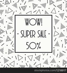 Super sale memphis banner template design for shop. Discount up to 50 percent off. Shop Now. Half price off. Vector sale background. End off season Sale. shopping tag. Store. Illustration poster