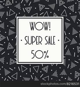 Super sale memphis banner template design for shop. Discount up to 50 percent off. Shop Now. Half price off. Vector sale background. End off season Sale. shopping tag. Store. Illustration poster