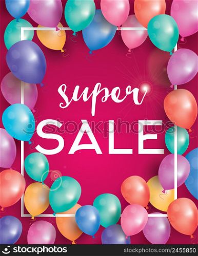 Super sale poster on red background with flying balloons and white frame. Vector illustration. Super sale banner.