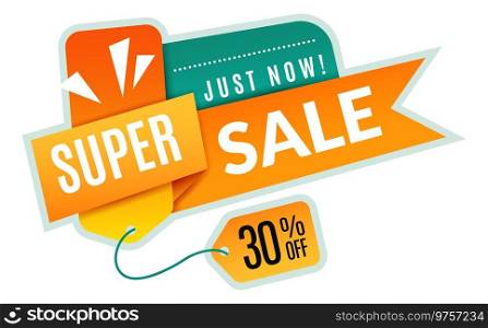 Super sale promo banner with discount price tag isolated on white background. Super sale promo banner with discount price tag