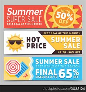 Super sale summer vector banners. Super sale summer banners vector set with beach background umbrella, waves and sun
