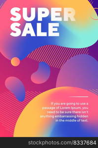 Super sale text with abstract neon shapes. Organic forms, flowing liquid, gradient colored background. Trendy design for posters, flyers, advertising design