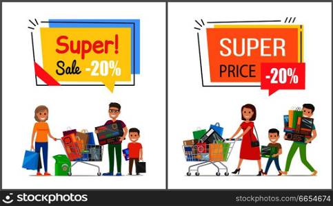 Super sale with nice price promo posters. Happy families spend time together on shopping and carry full trolleys with goods vector illustrations.. Super Sale with Nice Price Promotional Posters