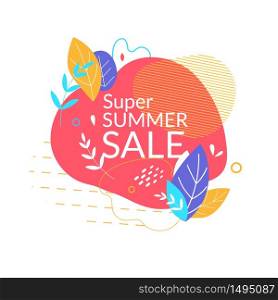 Super Summer Sale Banner with Abstract Shapes, Elements and Lines on White Background. Summertime Holiday, Festive Shopping and Discount Poster for Store Offer, Doodle Style Leaves Vector Illustration. Super Summer Sale Banner with Abstract Shapes,
