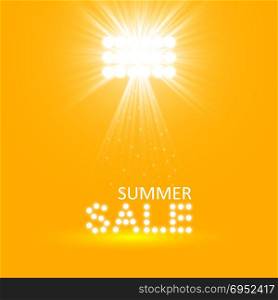 Super summer sale banner with scene and projector on the orange background. Business seasonal shopping concept, vector. Super summer sale banner with scene and projector on the orange background,. Business seasonal shopping concept, vector