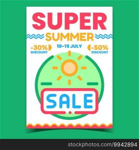 Super Summer Sale Creative Promo Banner Vector. Hot Summer Selling Discount, Sun On Advertising Poster. Exotic Presents Buying, Commercial Proposition Concept Template Style Color Illustration. Super Summer Sale Creative Promo Banner Vector