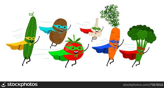 Super vegetables. Vegetable heroes, superheroes with smiles and masks, carrot and tomato, flying potato and cucumber costume characters, vector icon set. Vegetable super heroes