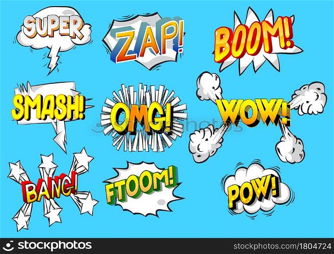 Super, Zap, Boom, Smash, OMG, WOW, Bang, Ftoom, Pow - Cartoon words, text effect. Speech bubble. Comics wording sound collection. Set for your comic book background, strip.