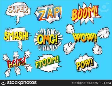 Super, Zap, Boom, Smash, OMG, WOW, Bang, Ftoom, Pow - Cartoon words, text effect. Speech bubble. Comics wording sound collection. Set for your comic book background, strip.