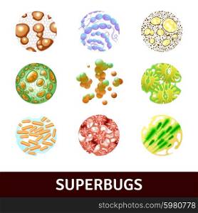 Superbugs Realistic Set. Round superbugs realistic set with various bacteria and microbes isolated vector illustration