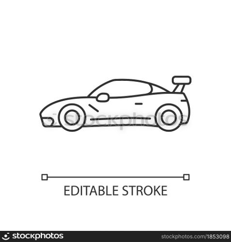 Supercar linear icon. High-performance luxury sports vehicle. Exotic car. World-class auto. Thin line customizable illustration. Contour symbol. Vector isolated outline drawing. Editable stroke. Supercar linear icon