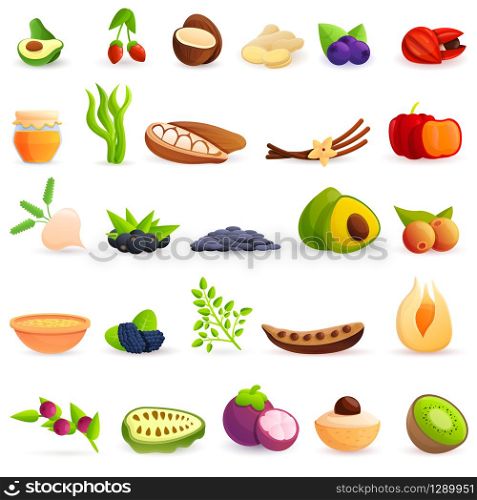 Superfood icons set. Cartoon set of superfood vector icons for web design. Superfood icons set, cartoon style