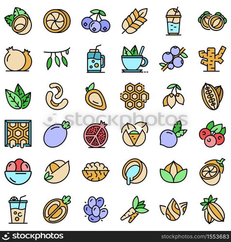 Superfood icons set. Outline set of superfood vector icons thin line color flat on white. Superfood icons set vector flat