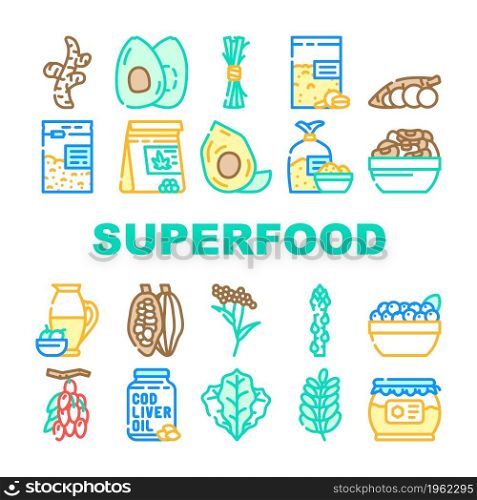 Superfood Natural And Vitamin Icons Set Vector. Ginger And Avocado Food, Spinach Leaves And Elder Plant, Olive Oil And Honey, Spirulina And Hemp Seeds Superfood Line. Color Illustrations. Superfood Natural And Vitamin Icons Set Vector