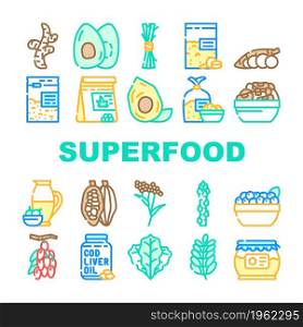 Superfood Natural And Vitamin Icons Set Vector. Ginger And Avocado Food, Spinach Leaves And Elder Plant, Olive Oil And Honey, Spirulina And Hemp Seeds Superfood Line. Color Illustrations. Superfood Natural And Vitamin Icons Set Vector