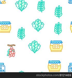 Superfood Natural And Vitamin Vector Seamless Pattern Color Line Illustration. Superfood Natural And Vitamin Icons Set Vector