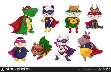 Superhero animals. Comic heroic characters. Cat boy in colorful costume. Super baby mouse and bear. Flying and playing cute fox girl. Happy crocodile in cape. Kids heroes set. Vector cartoon design. Superhero animals. Comic heroic characters. Cat boy in colorful costume. Super baby mouse and bear. Flying and playing fox girl. Crocodile in cape. Kids heroes set. Vector cartoon design