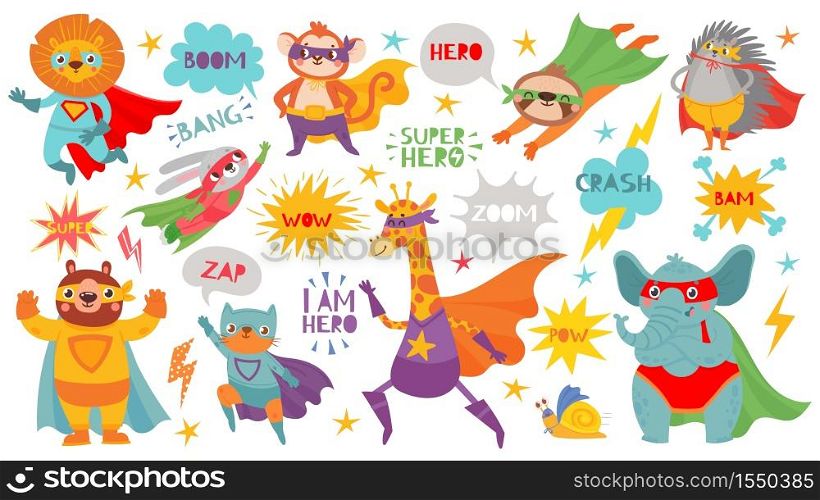 Superhero animals. Cute hero animals with capes and playful masks, brave funny animal comic speech bubbles, cartoon vector characters. Lion and monkey, bunny and bear, cat and giraffe, elephant. Superhero animals. Cute hero animals with capes and playful masks, brave funny animal comic speech bubbles, cartoon vector characters