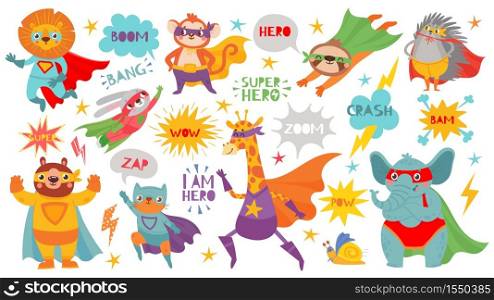 Superhero animals. Cute hero animals with capes and playful masks, brave funny animal comic speech bubbles, cartoon vector characters. Lion and monkey, bunny and bear, cat and giraffe, elephant. Superhero animals. Cute hero animals with capes and playful masks, brave funny animal comic speech bubbles, cartoon vector characters