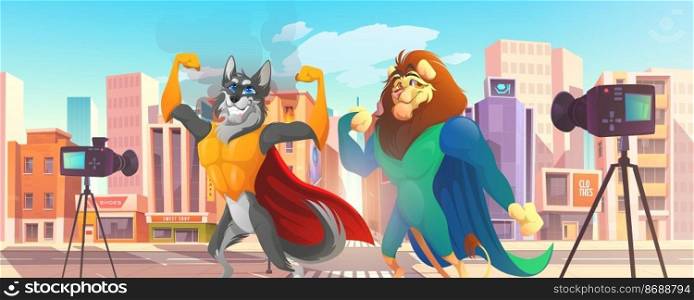 Superhero animals lion and wolf giving interview and demonstrate power on video camera at cityscape background with burning building. Comic super hero, rescuers characters Cartoon vector illustration. Superhero animals lion and wolf giving interview