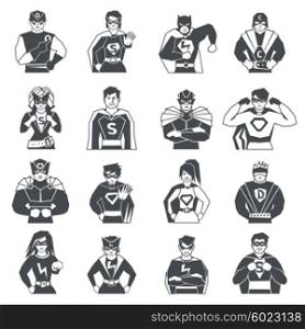 Superhero Black White Icons Set . Superhero characters black white icons set with costumes flat isolated vector illustration