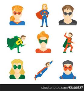 Superhero boys and girls avatars in masks and disguise flat set isolated vector illustration