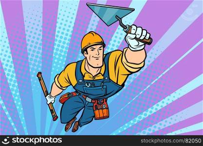 Superhero Builder professional flying. Comic book cartoon pop art retro vector illustration drawing. Superhero Builder professional flying