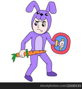 superhero bunny carrying shield and carrot sword