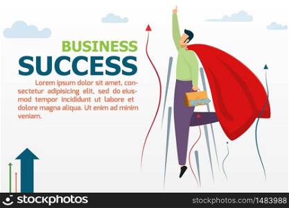 Superhero business man and leader in red cape flying fast in the sky showing yes winner gestures. Business success concept vector illustration. Businessman leader and successful.