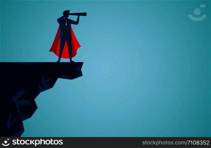 superhero businessman standing holding binoculars on a mountain cliff. Shining towards the goal of success. overcome obstacles. leadership. isolated from blue background. illustration cartoon vector