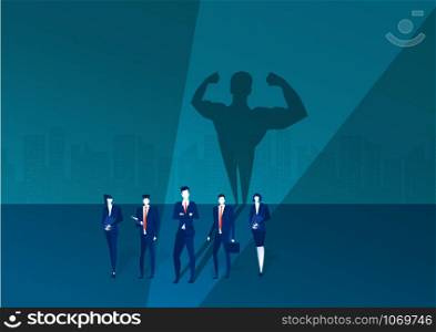 Superhero businessman standing on a platform for leadership on blue background, simple flat cartoon style. illustration