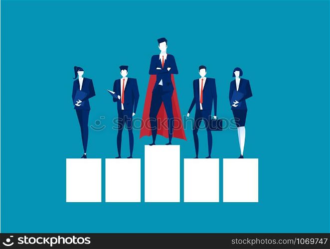 Superhero businessman standing on a platform for leadership on blue background, simple flat cartoon style. illustration