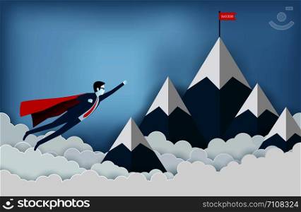 superhero businessmen are flying to the red flag target on mountains while flying above a cloud. business finance success. leadership. startup. creative idea. illustration cartoon vector