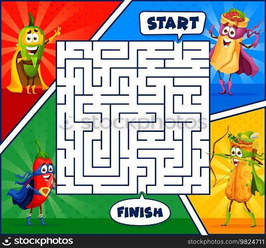 Superhero cartoon mexican tex mex food characters in labyrinth maze. Kids vector worksheet with super hero jalapeno pepper, burrito and enchilada personages find correct path children riddle, test. Superhero tex mex food in labyrinth maze game