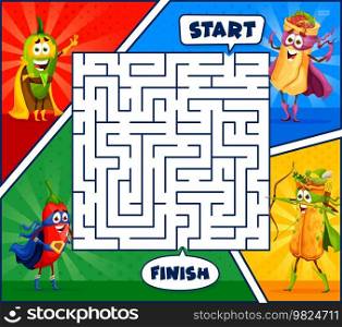 Superhero cartoon mexican tex mex food characters in labyrinth maze. Kids vector worksheet with super hero jalapeno pepper, burrito and enchilada personages find correct path children riddle, test. Superhero tex mex food in labyrinth maze game
