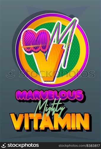 Superhero coat of arms showing Marvelous Mighty Vitamin icon. Colorful comic book style vector illustration.