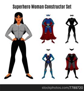 Superhero constructor set with woman in confident pose with serious face and colorful costumes isolated vector illustration. Superhero Woman Constructor Set