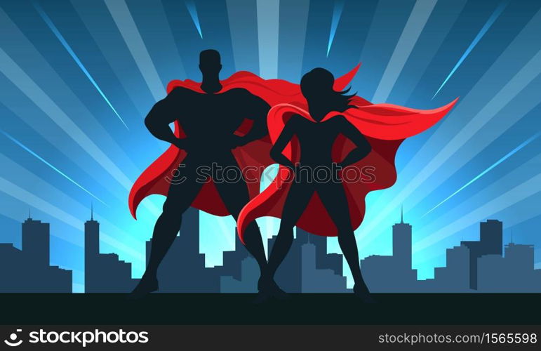 Superhero Couple Male and female superheroes on a skyscraper roof with night city background. Vector illustration.