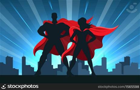 Superhero Couple Male and female superheroes on a skyscraper roof with night city background. Vector illustration.