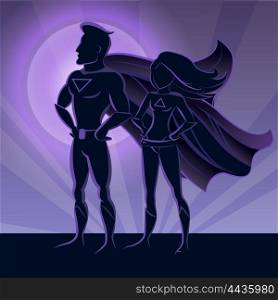 Superhero Couple Silhouettes. Superhero couple silhouettes standing proudly on the full moon background vector illustration