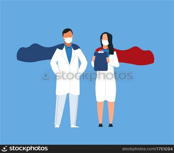 Superhero doctors. Cartoon medical workers wearing capes with uniform and protective masks. Doctor or nurse bravely treat patients with contagious diseases in pandemic. Vector medicine and health care. Superhero doctors. Medical workers wearing capes with uniform and protective masks. Doctor bravely treat patients with contagious diseases in pandemic. Vector medicine and health care