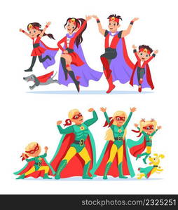 Superhero family. Happy parents, children and pet in colorful costumes. Cheerful defenders set. People posing in masks and capes. Dads or moms with superpower. Hero boys, girls and dog. Vector concept. Superhero family. Parents, children and pet in colorful costumes. Cheerful defenders set. People posing in masks and capes. Dads or moms with superpower. Boys, girls and dog. Vector concept