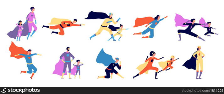 Superhero family. Parents kids in costume, strong super man characters. Isolated heroes father mother, utter cartoon power people vector set. Illustration family hero, strong kid and father mother. Superhero family. Parents kids in costume, strong super man characters. Isolated heroes father mother, utter cartoon power people vector set